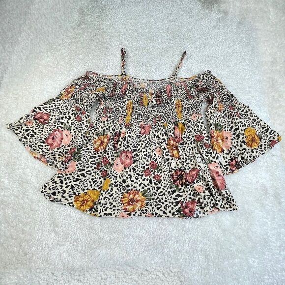 Torrid Leopard Floral Babydoll Smocked Cold Shoulder Top 1x - Picture 3 of 10